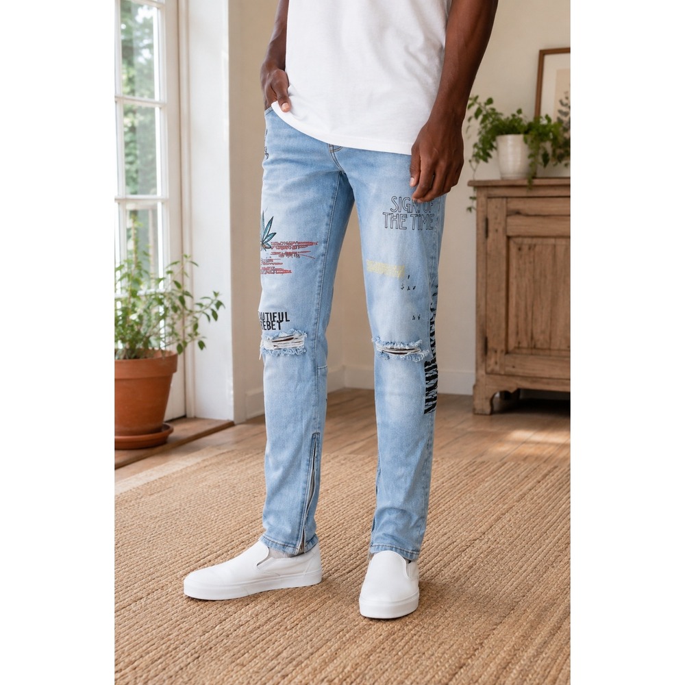 Crysp Denim Mens 38 Light Wash Distressed Graphic Skinny Jeans Ankle Zip Blue